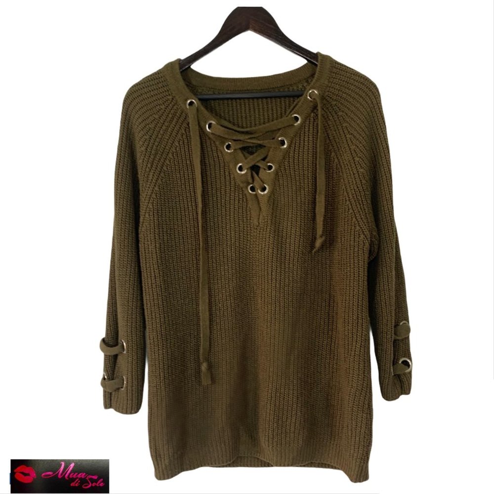 Women’s Olive Lace-Up V-Neck Sweater